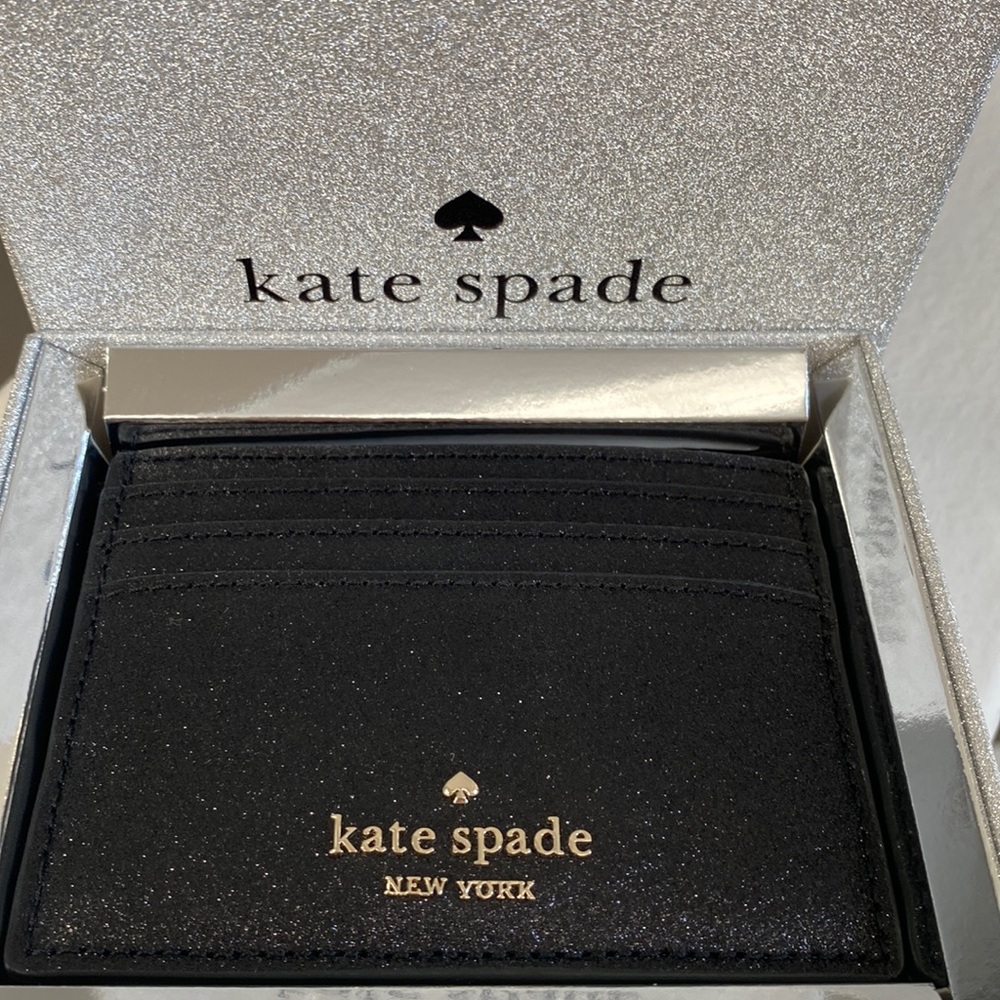 Kate Spade ♠️ Tinsel Gift Boxed Card Case in Black Glitter Fabric.